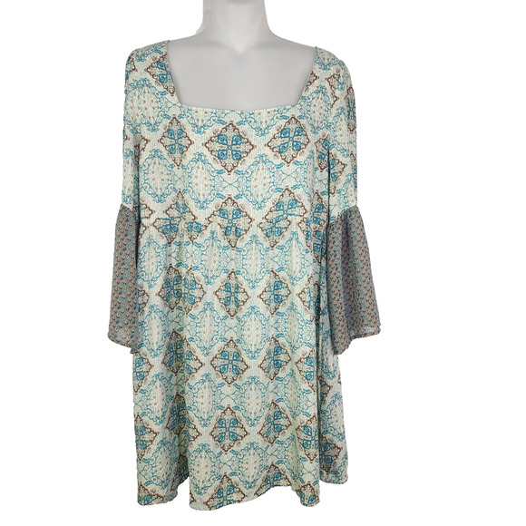 Umgee Mini Tunic Dress Small Boho Slit Bell Sleeve Empire Waist Square Neck - Picture 1 of 9